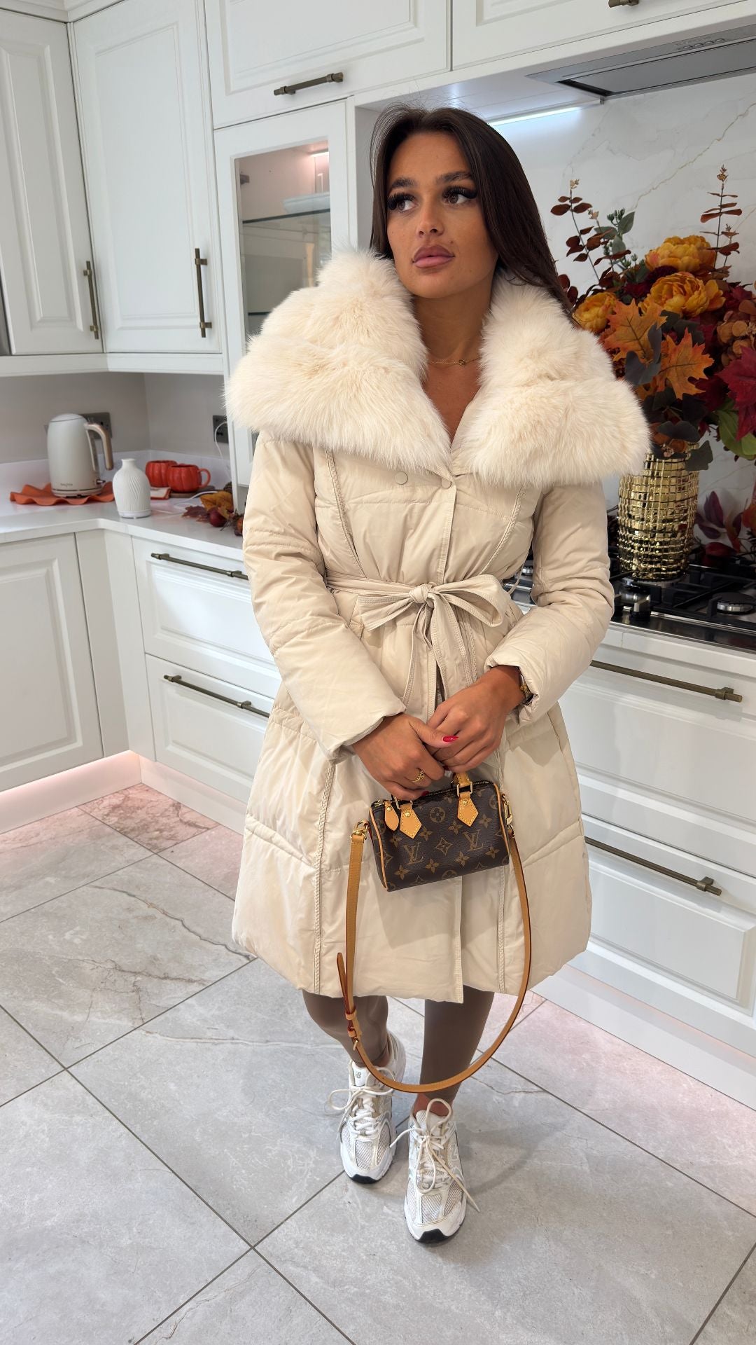 Long Belted Fur Collar Puffer Coat