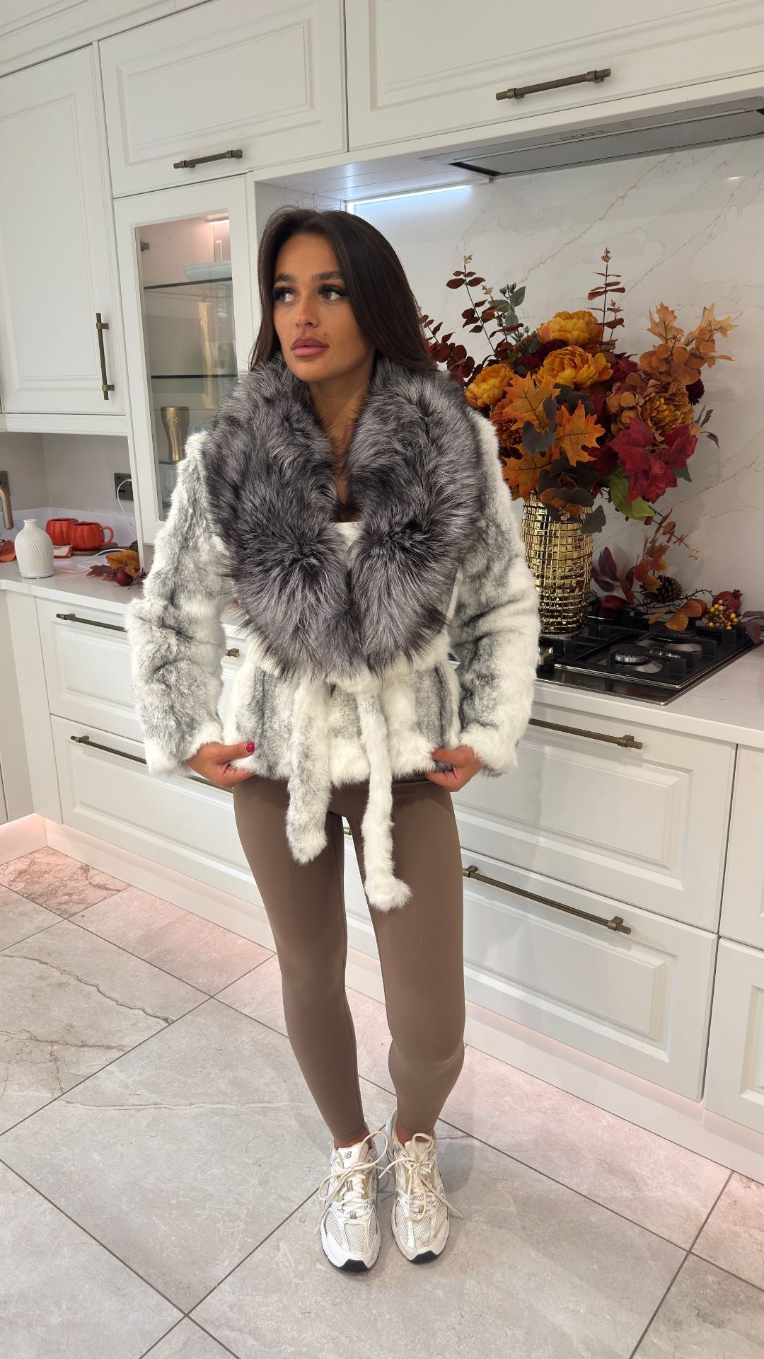 Frosted Snow Belted Fox Fur Jacket