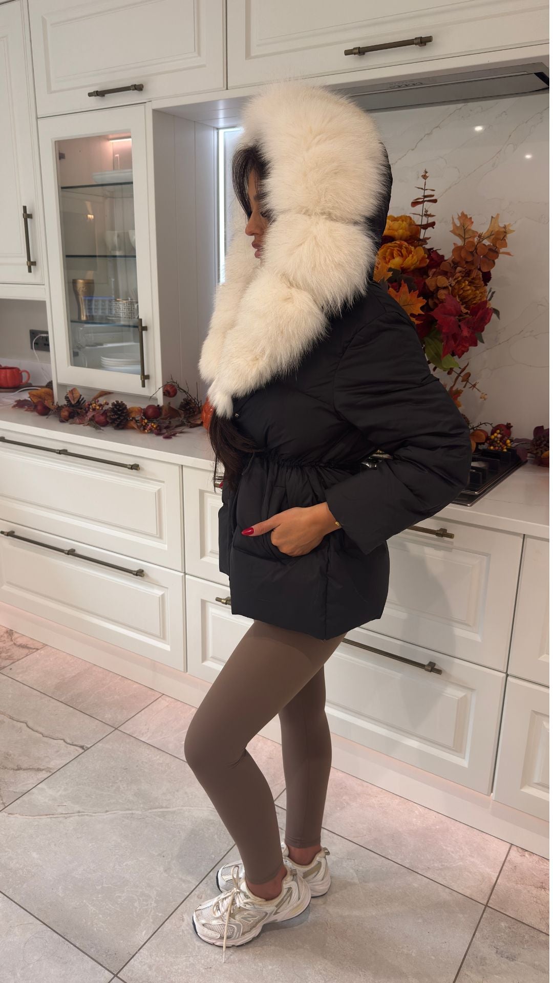 Drawstring Tie Waist Puffer coat - Bubble Fur Hood
