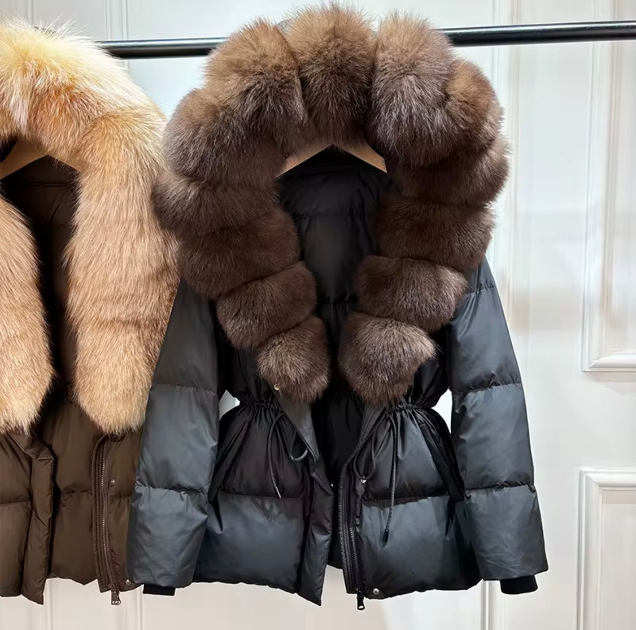 Drawstring Tie Waist Puffer coat - Bubble Fur Hood
