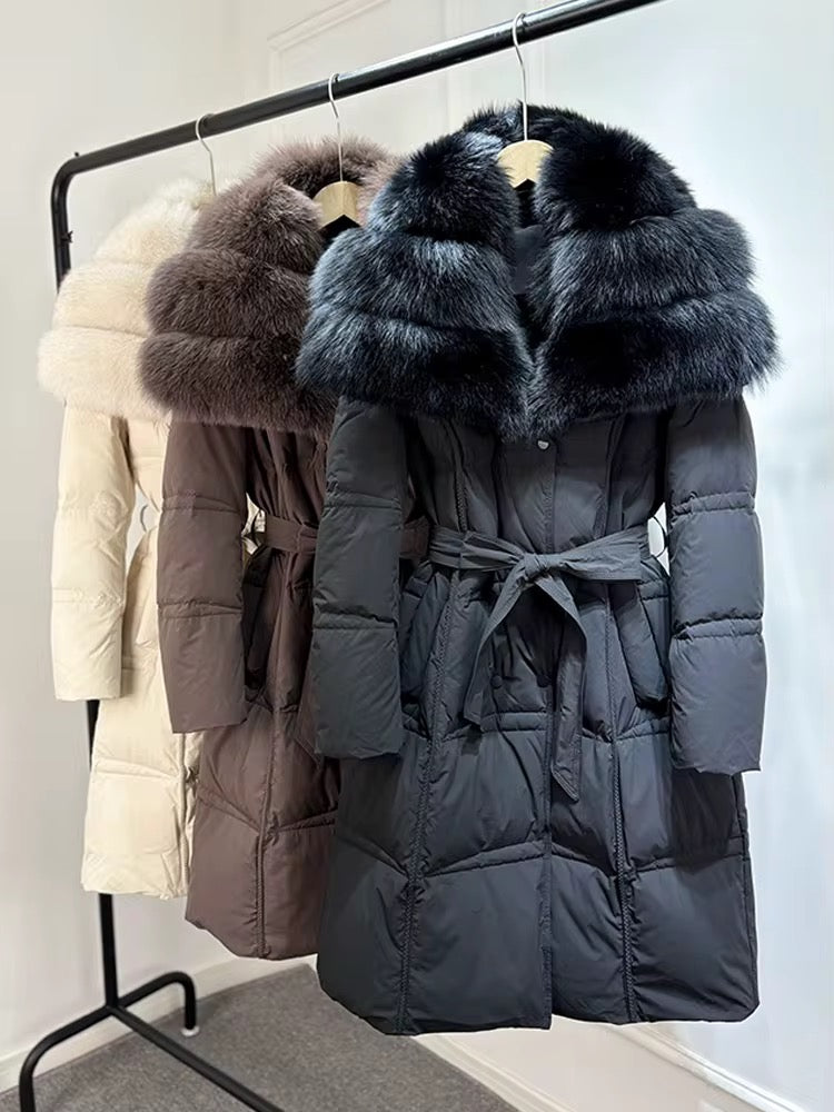 Long Belted Fur Collar Puffer Coat