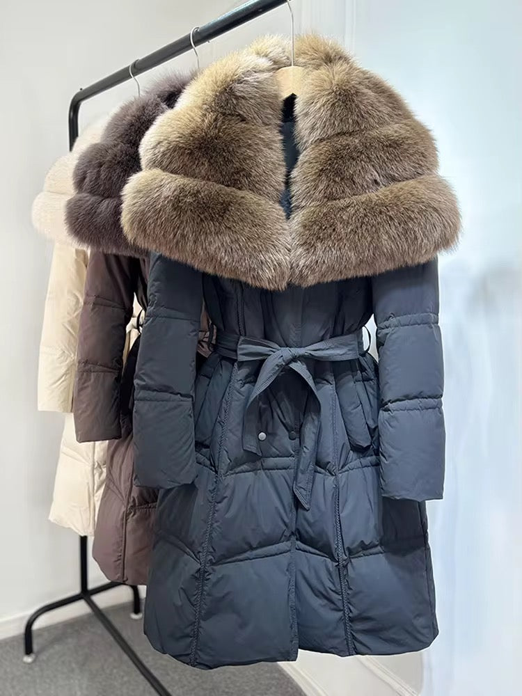 Long Belted Fur Collar Puffer Coat