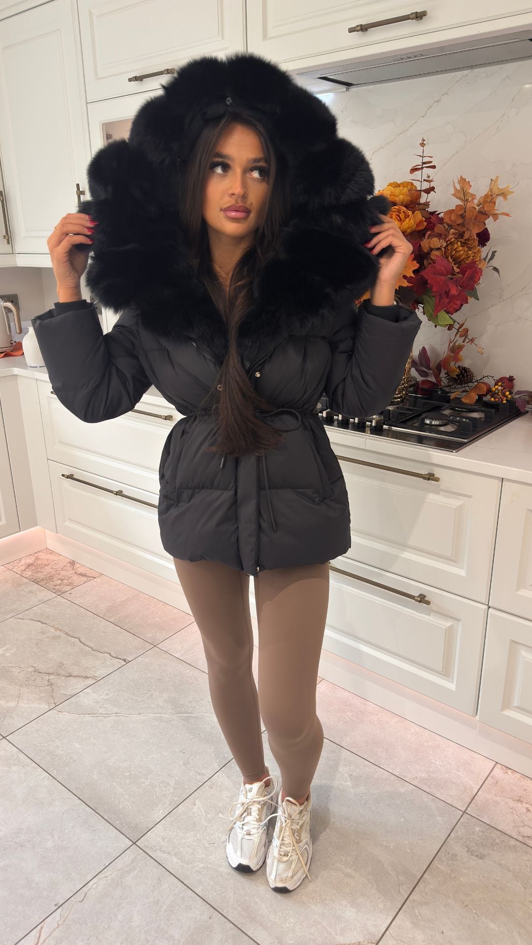 Drawstring Tie Waist Puffer coat - Bubble Fur Hood