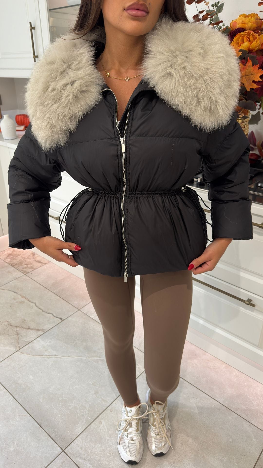 Fur Collar Drawstring Puffer Coat