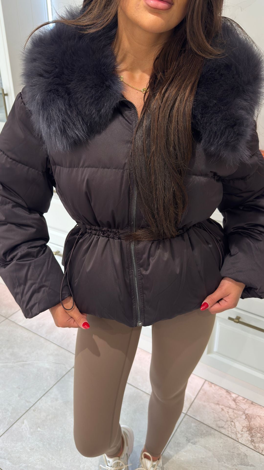Fur Collar Drawstring Puffer Coat