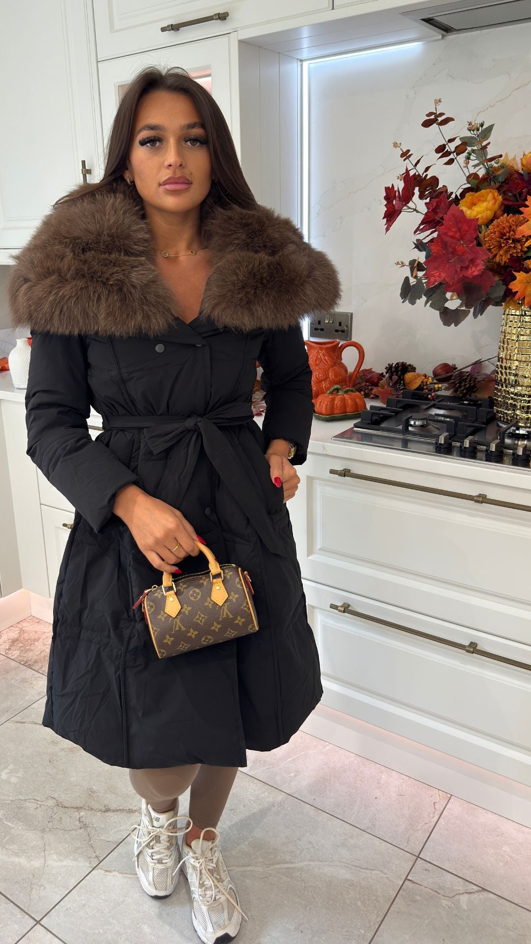 Long Belted Fur Collar Puffer Coat