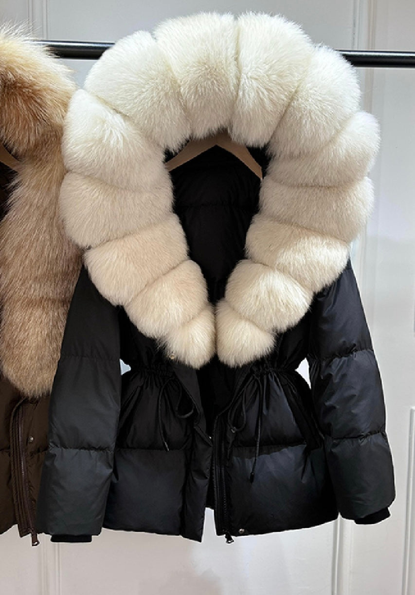 Drawstring Tie Waist Puffer coat - Bubble Fur Hood