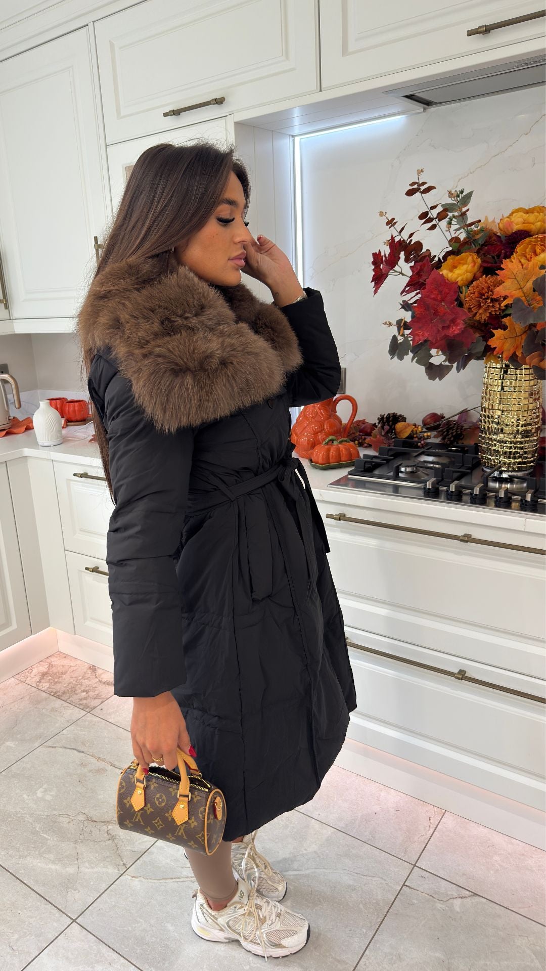Long Belted Fur Collar Puffer Coat