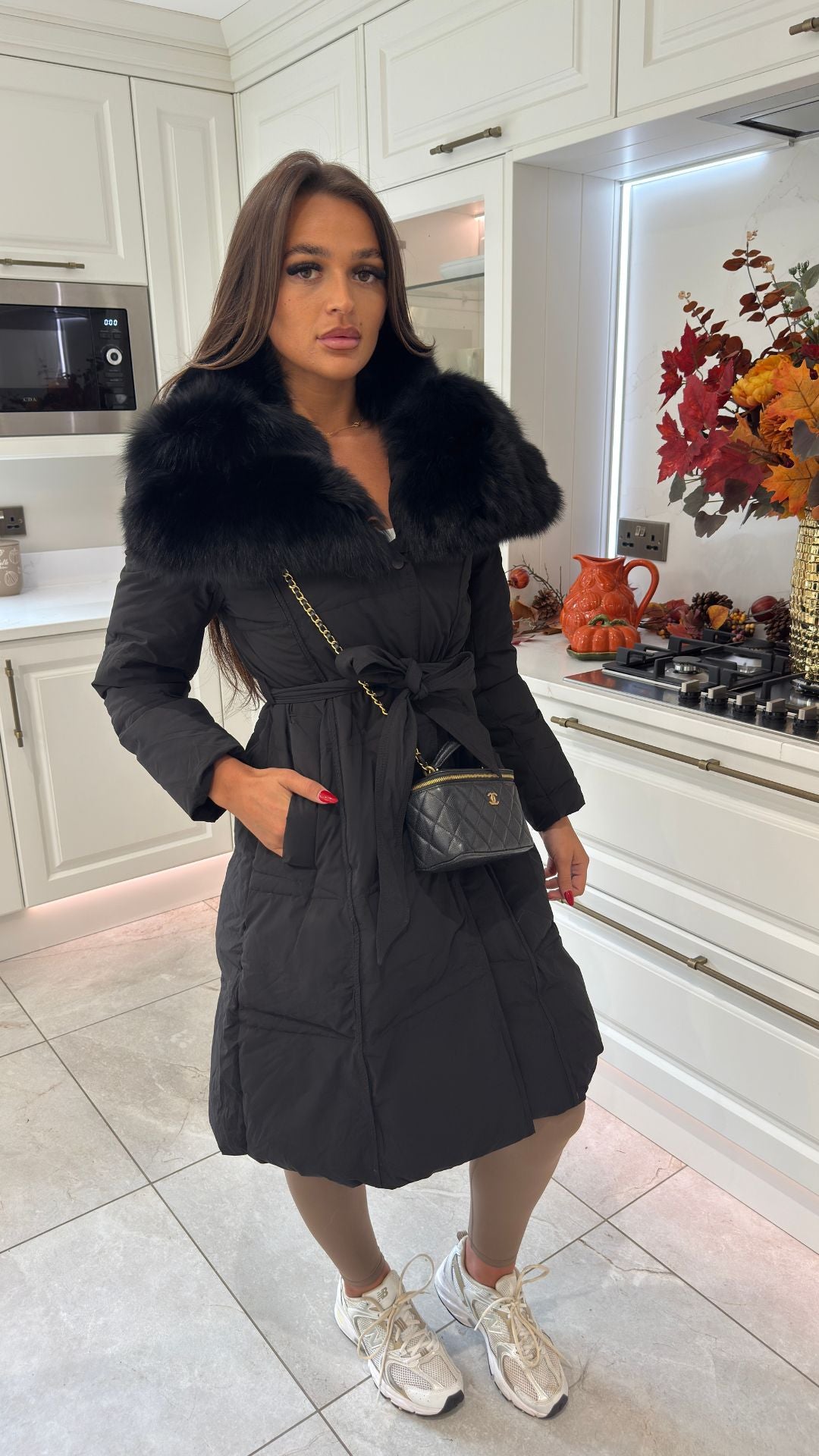 Long Belted Fur Collar Puffer Coat