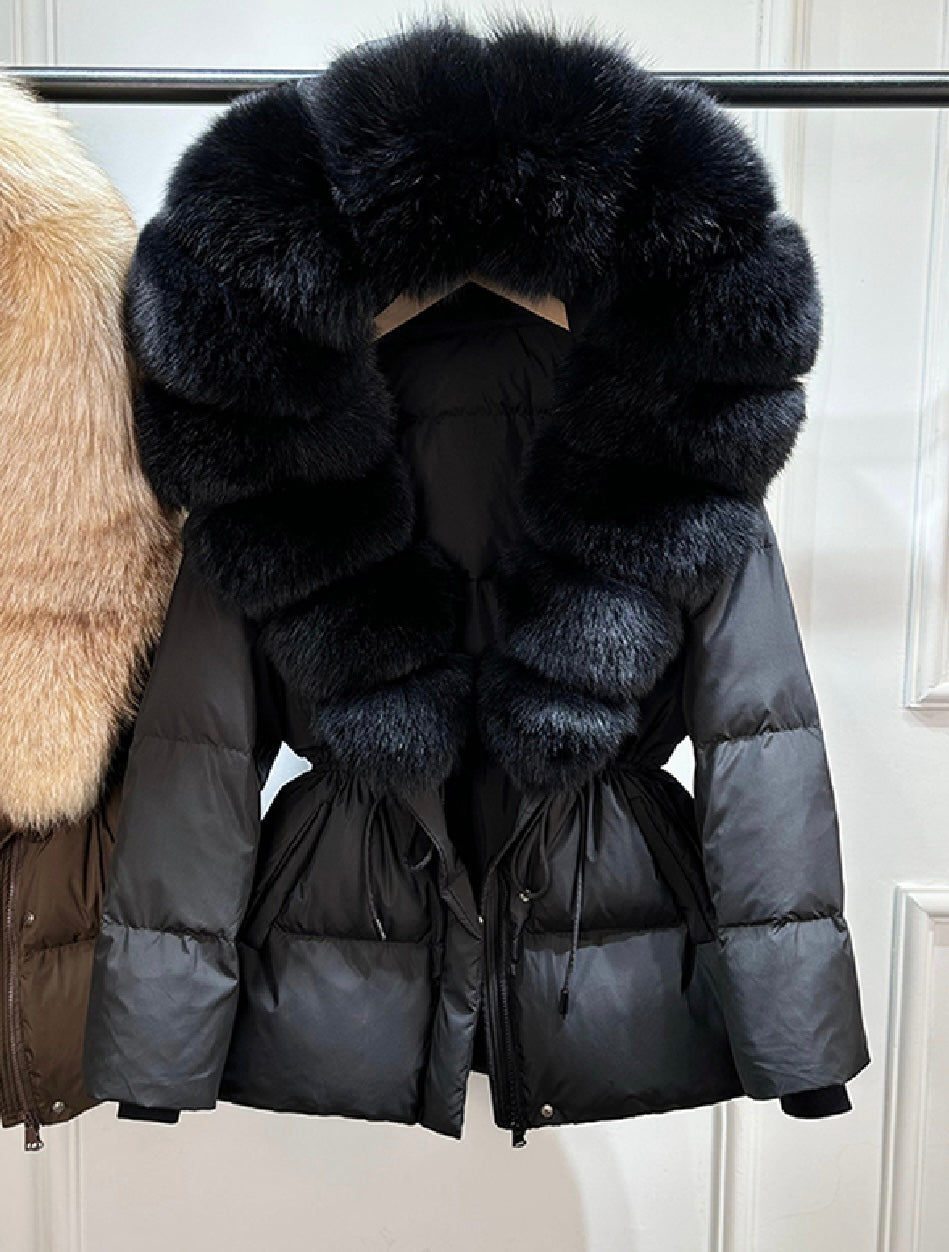 Drawstring Tie Waist Puffer coat - Bubble Fur Hood