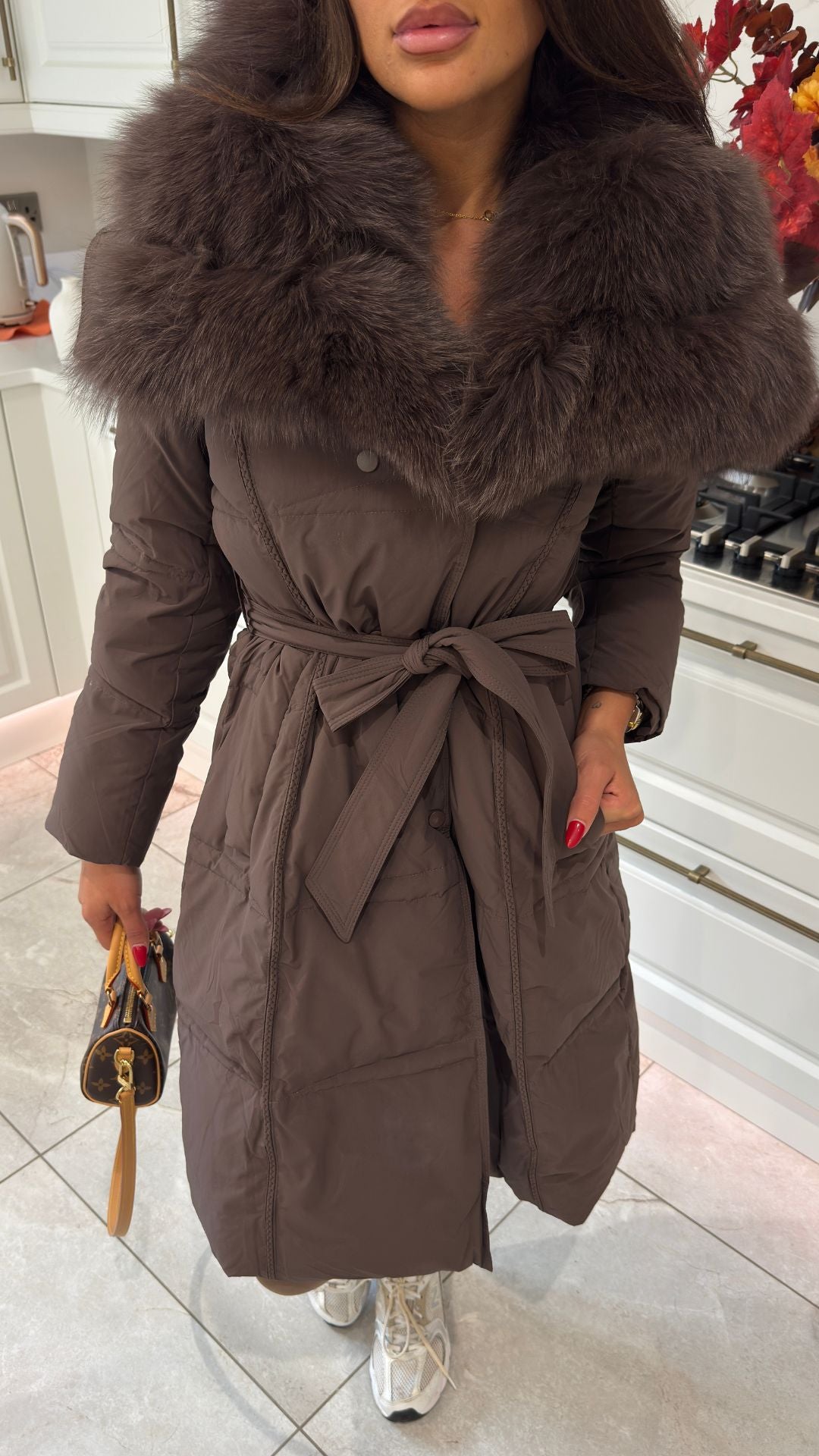 Long Belted Fur Collar Puffer Coat