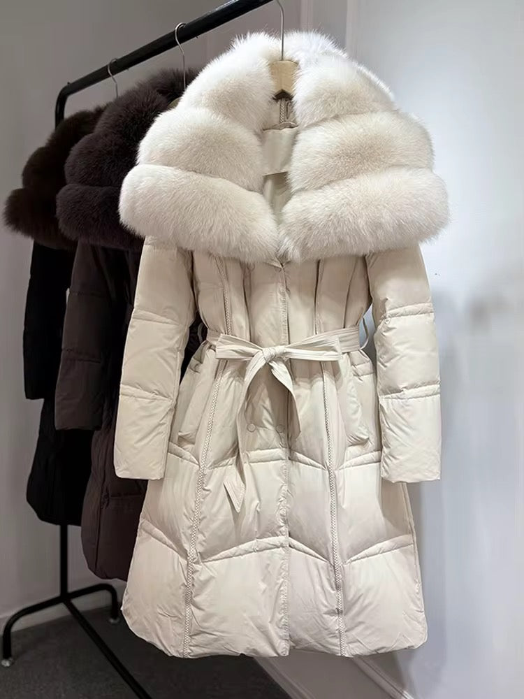 Long Belted Fur Collar Puffer Coat