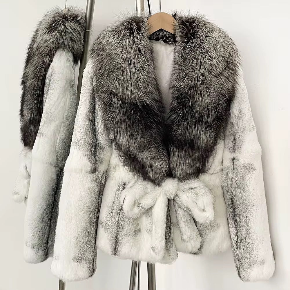 Frosted Snow Belted Fox Fur Jacket