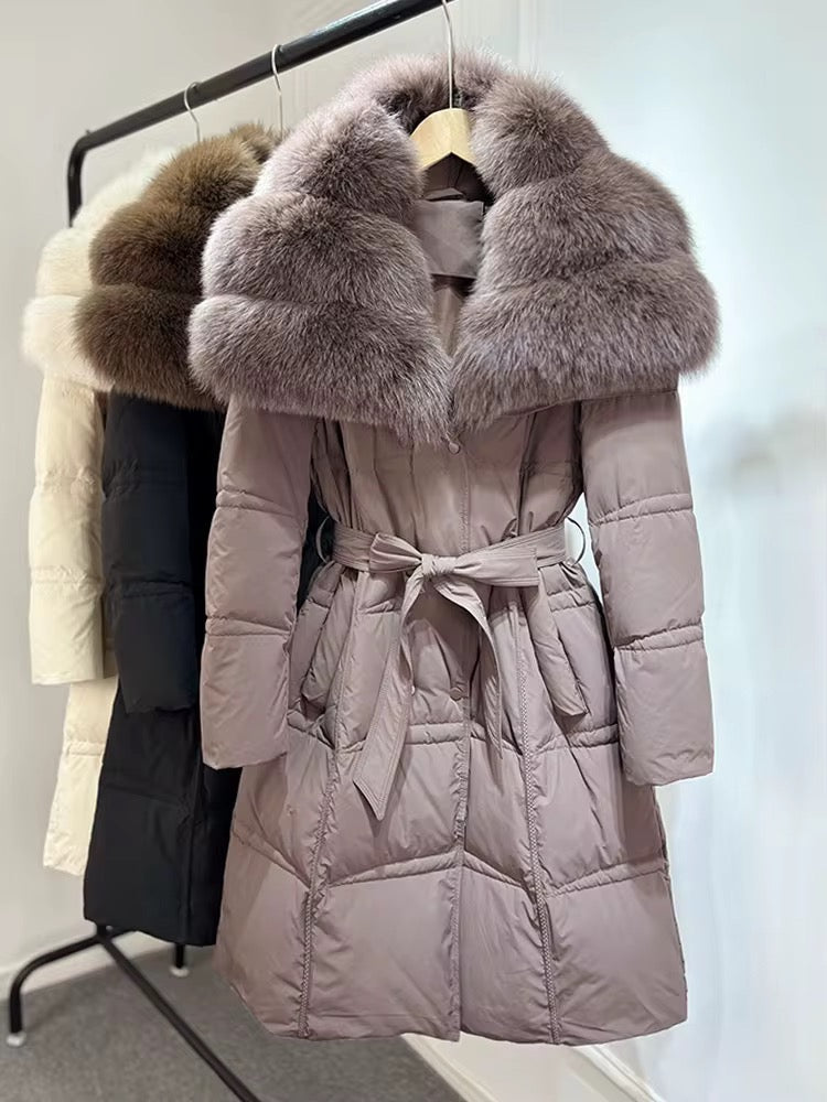 Long Belted Fur Collar Puffer Coat