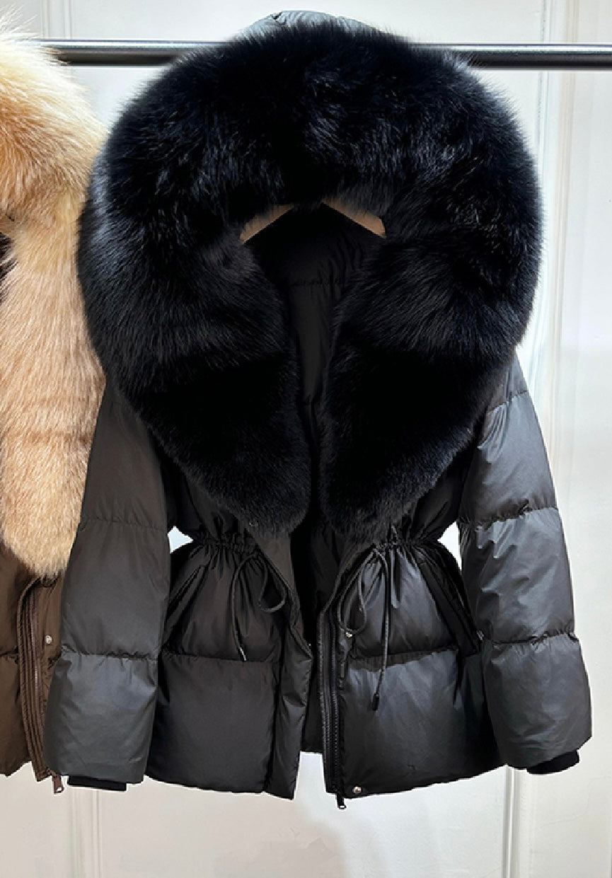 Drawstring Tie Waist Puffer coat - Straight Hood