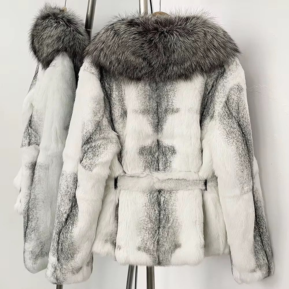 Frosted Snow Belted Fox Fur Jacket