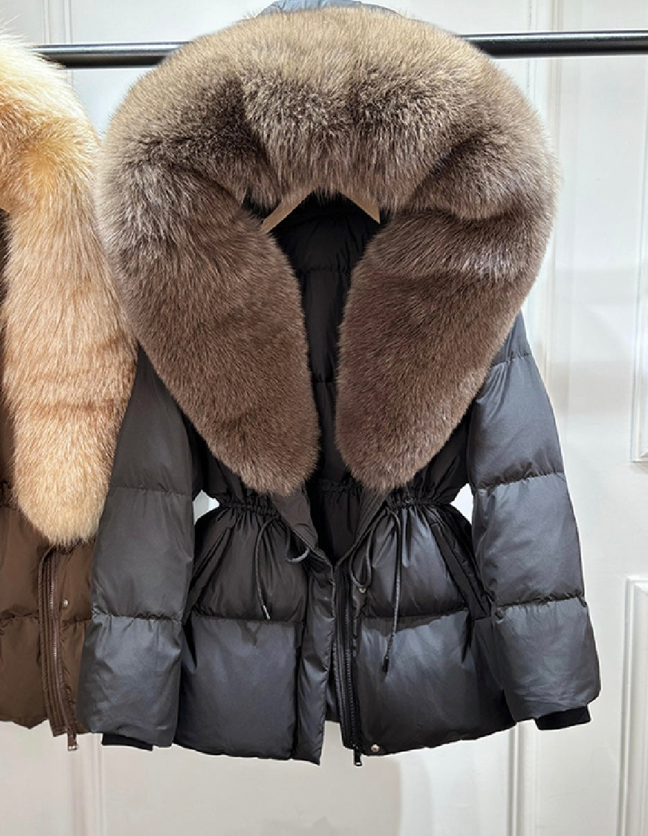 Drawstring Tie Waist Puffer coat - Straight Hood