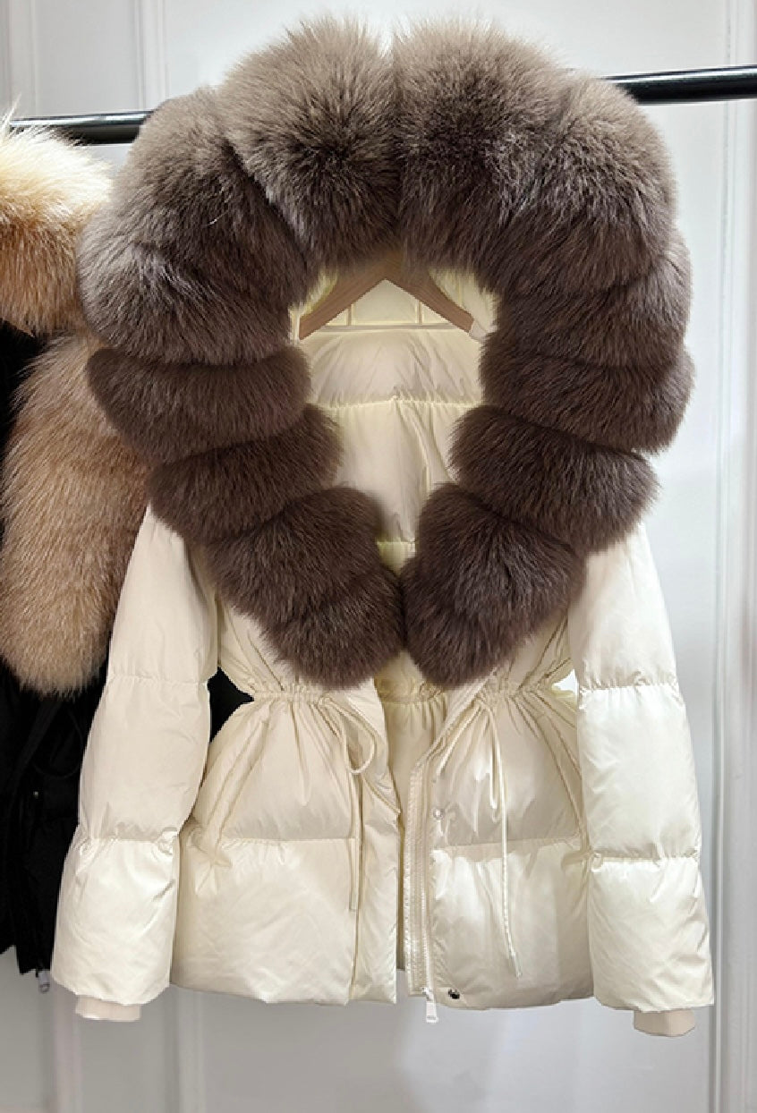 Drawstring Tie Waist Puffer coat - Bubble Fur Hood