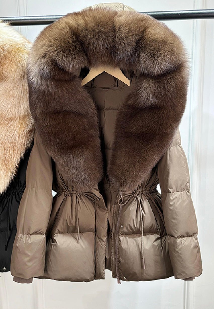 Drawstring Tie Waist Puffer coat - Straight Hood