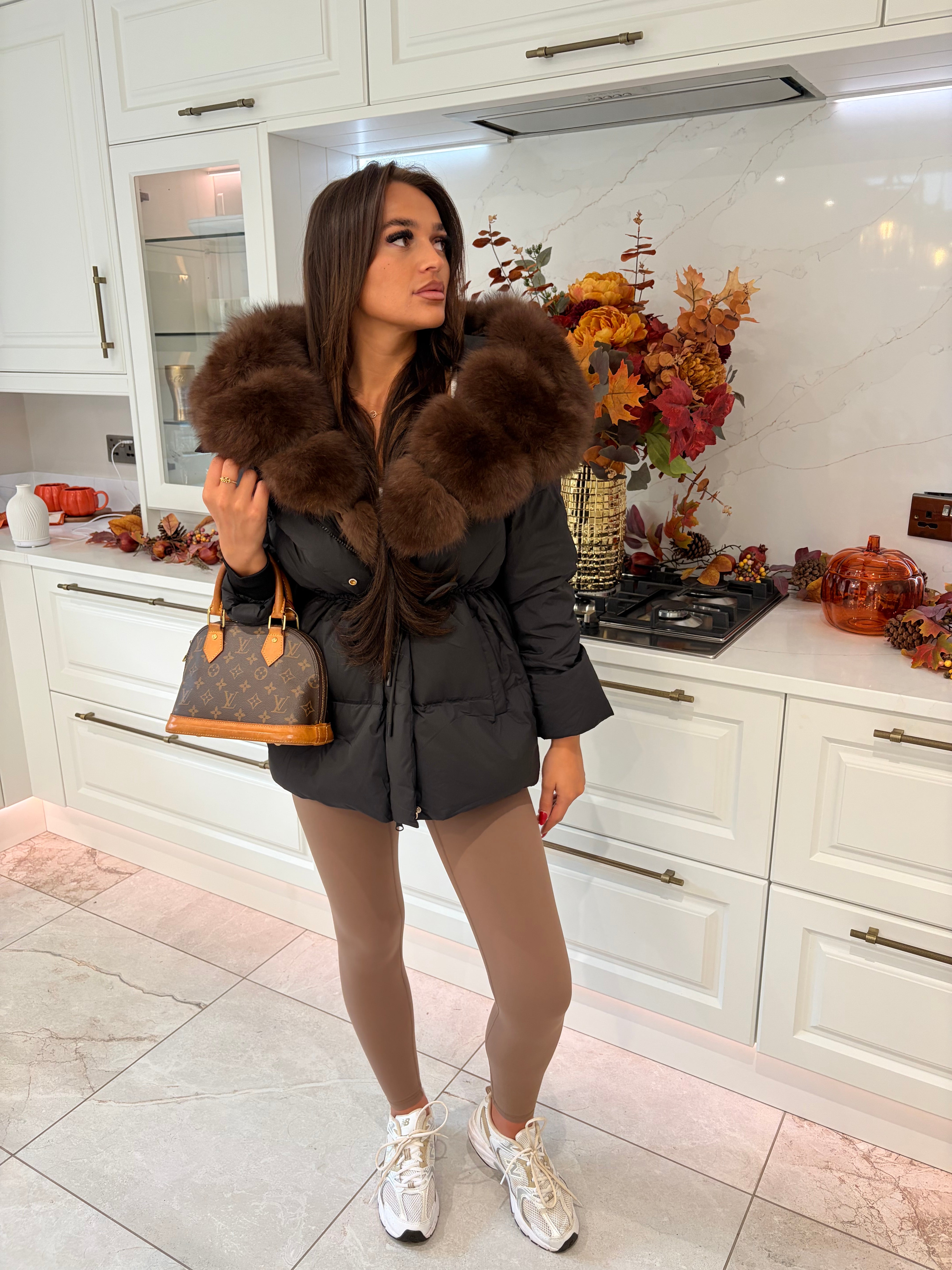 Drawstring Tie Waist Puffer coat - Bubble Fur Hood